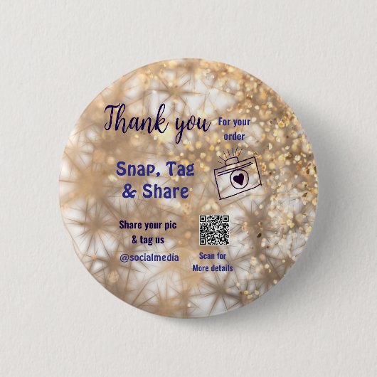 スナップラベル共有ソーシャルメディアq rコードグリッター金ゴールド 缶バッジ (正面)