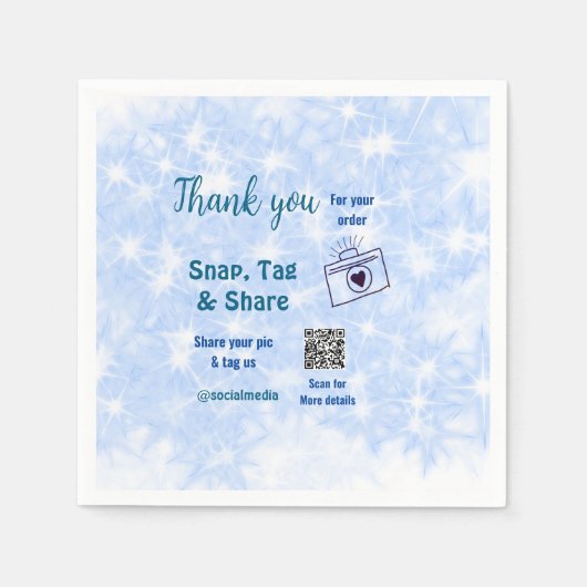 スナップラベル共有ソーシャルメディアq rコードグリッター青 スタンダードカクテルナプキン (正面)