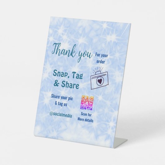 スナップラベル共有ソーシャルメディアq rコードグリッター青 台座サイン (正面)