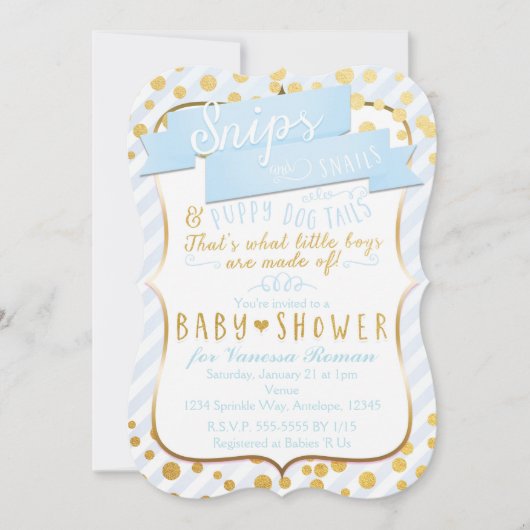 スニップス&カタツムルブルー&金ゴールドベビーシャワー招待状 招待状 (正面)