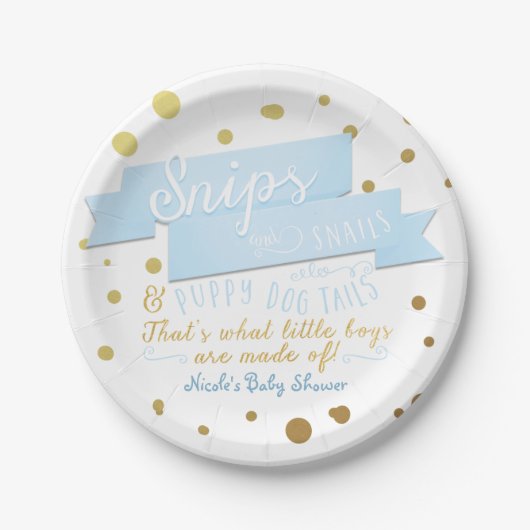 スニップス&カタツムルボーイズ青&金ゴールドベビーシャワープレート ペーパープレート (正面)