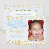 スニップス & スネイルズ ブルー & ゴールド パーティー フォト 招待状 (正面/裏面)