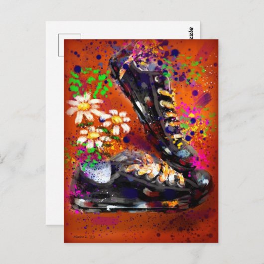 スニーカーとデイジー印象派オレンジホワイト ポストカード (正面/裏面)