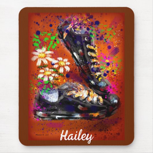 スニーカーとデイジー印象派オレンジホワイト マウスパッド (正面)