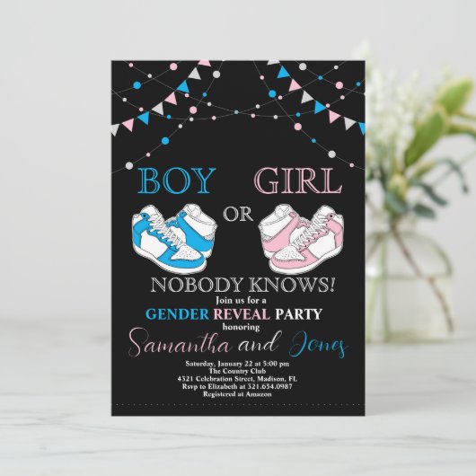 スニーカーのボール性別が青またはピンクのスニーカーを明らかにする 招待状 (スタンド正面)