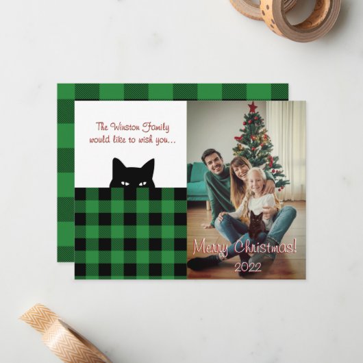 スニーカー猫バッファローチェック緑の格子模様クリスマス ノートカード (正面/裏面インサイチュ)