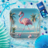 スニーカー・ヘッドフォンを履くピンクのフラミンゴ ペーパープレート (パーティー)