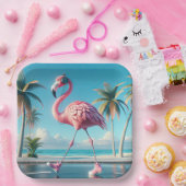 スニーカー・ヘッドフォンを履くピンクのフラミンゴ ペーパープレート (パーティー)