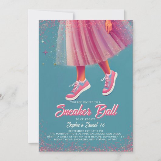 スニーカー・ボール・ヴィンテージ・ポスターピンクティール(緑がかった色)スウィート16 招待状 (正面)