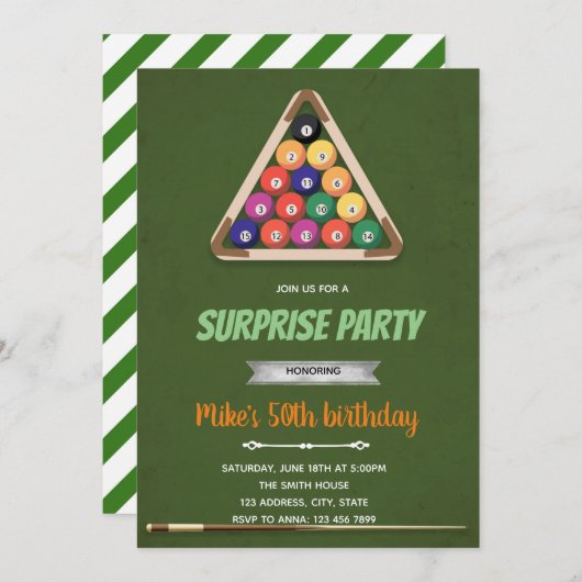 スヌーカーテーマ誕生日の招待 招待状 (正面/裏面)