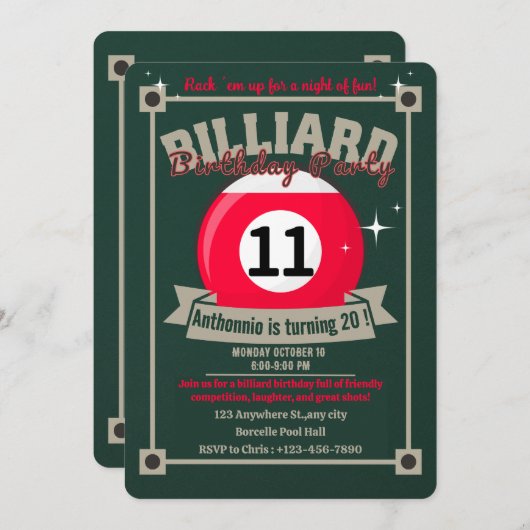 スヌーカー招待状プール誕生日パーティビリヤード・ボール 招待状 (正面/裏面)