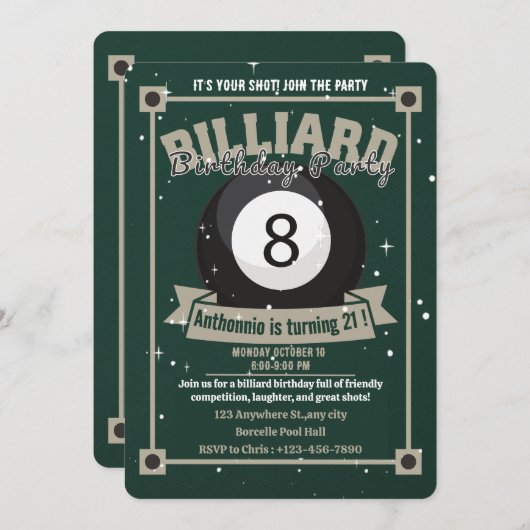 スヌーカー招待状プール誕生日パーティビリヤード・ボール 招待状 (正面/裏面)