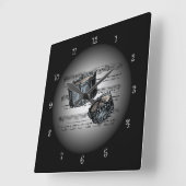 スネアドラムの~の3D楽譜の~Silver及び黒の背部 スクエア壁時計 (傾斜)