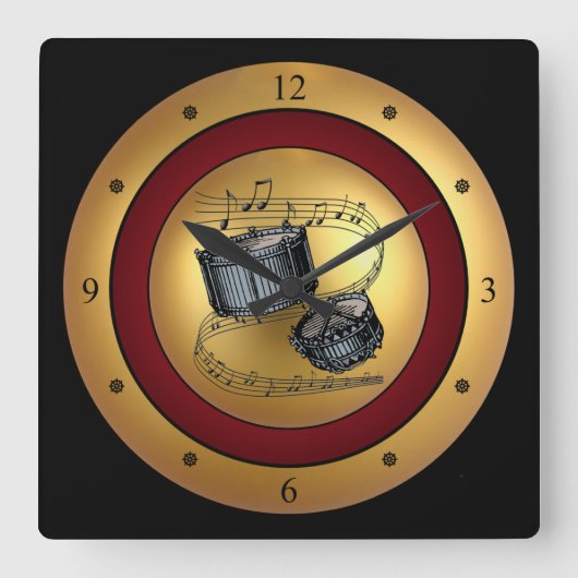 スネアドラムの~音楽的なスクロール~の金ゴールドまたはあずき色か黒い~ スクエア壁時計 (正面)