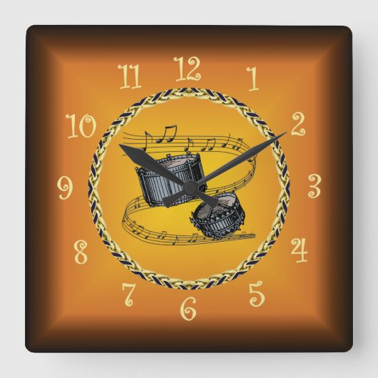 スネアドラムミュージカルスクロール&ラッセットオレンジ～ スクエア壁時計 (正面)