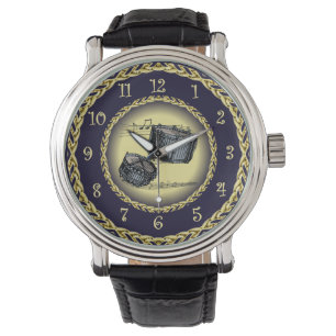 スネアドラム～ミュージカルスクロール～金ゴールド/ネイビーブルー～ 腕時計