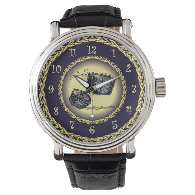 スネアドラム～ミュージカルスクロール～金ゴールド/ネイビーブルー～ 腕時計 (正面)