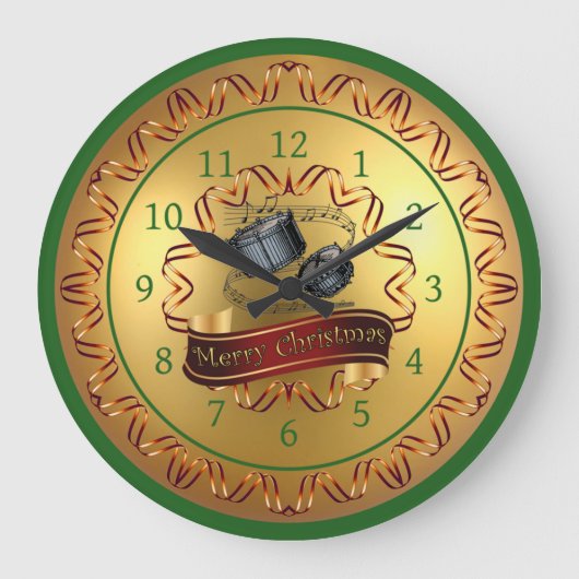 スネアドラム～ミュージカル巻物～「メリークリスマス」 ラージ壁時計 (正面)