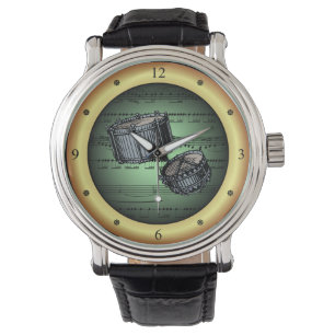 スネアドラム～楽譜～グリーン/金ゴールド背景 腕時計