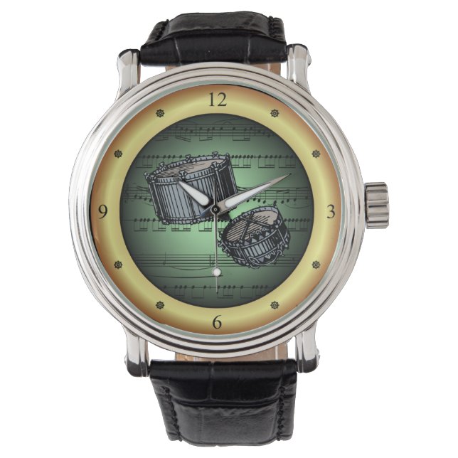 スネアドラム～楽譜～グリーン/金ゴールド背景 腕時計 (正面)