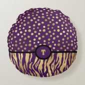 スネジーインスパイアアニマルプリントパープル金ゴールドとブラック ラウンドクッション (正面)