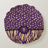 スネジーインスパイアアニマルプリントパープル金ゴールドとブラック ラウンドクッション (裏面)