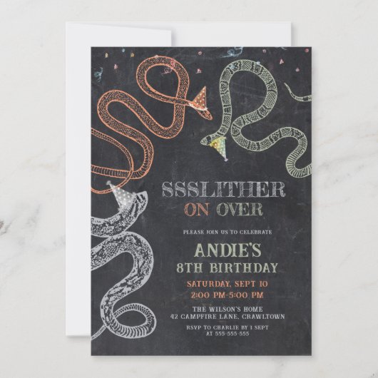 スネークパーティー黒板爬虫類誕生日 招待状 (正面)