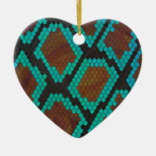 スネークブラウンおよびティール(緑がかった色)プリント セラミックオーナメント (正面)