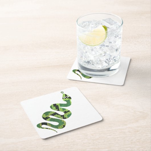 スネークブラックとグリーンのプリントシルエット スクエアペーパーコースター (インサイチュ)