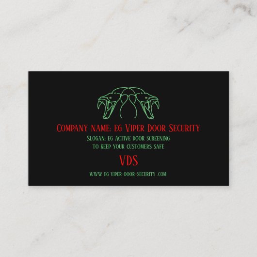 スネークヘッズロゴ、ファンズベイド – ドアセキュリティ 名刺 (正面)
