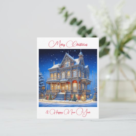 スノイパーソナライズされたクリスマスハウス ポストカード (スタンド正面)