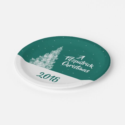 スノイミニマルツリーティール（緑がかった色）&ホワイトホリデーパーティー ペーパープレート (アングル)
