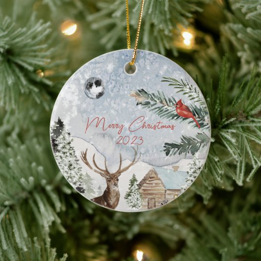 スノイ伝統的ウィンターワンダーランドディアー(鳥)ショウジョウコウカンチョウ セラミックオーナメント (ツリー)