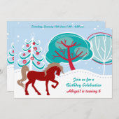 スノウイカラフルウィンターホリデーホース誕生日 招待状 (正面/裏面)