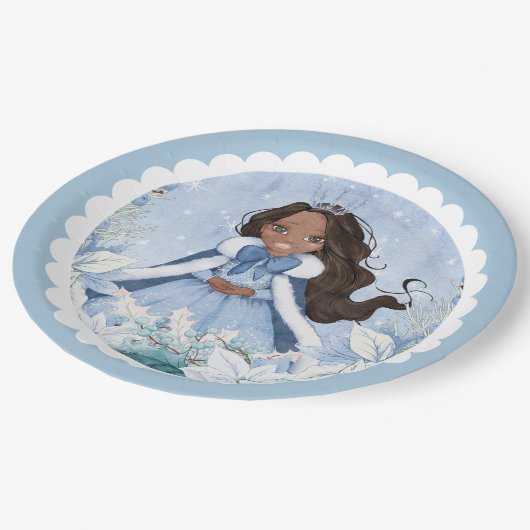 スノーイウィンターアフリカンアメリカンプリンセス誕生日 ペーパープレート (アングル)