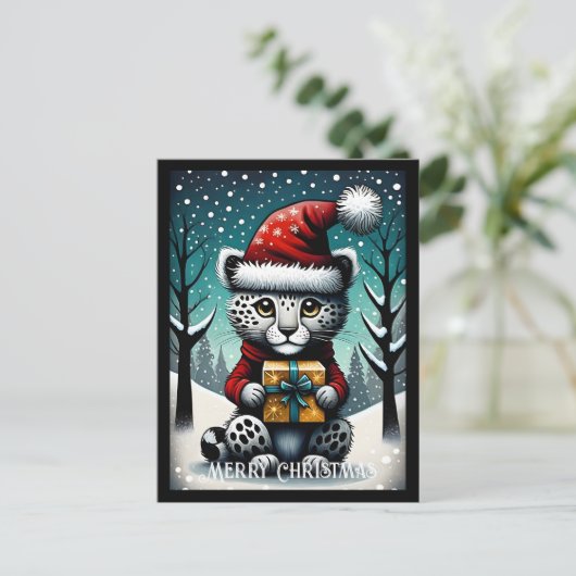 スノーイキュートベビースノーレオパードサンタクリスマスギフト ポストカード (スタンド正面)