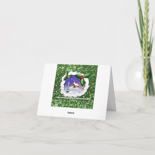 スノーイクリスマスコテージグリーンフェイクグリッター シーズンカード (裏面)