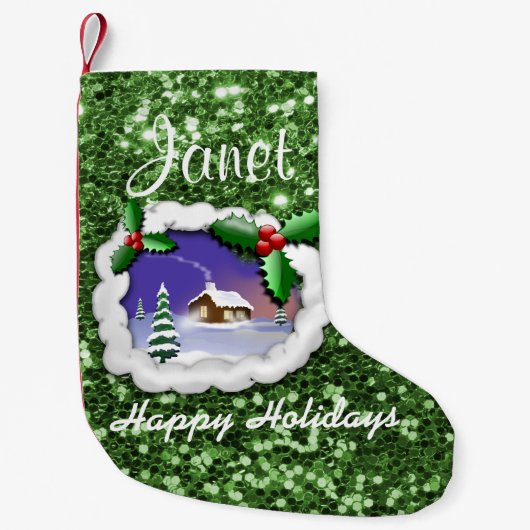 スノーイクリスマスコテージグリーンフェイクグリッター スモールクリスマスストッキング (正面)