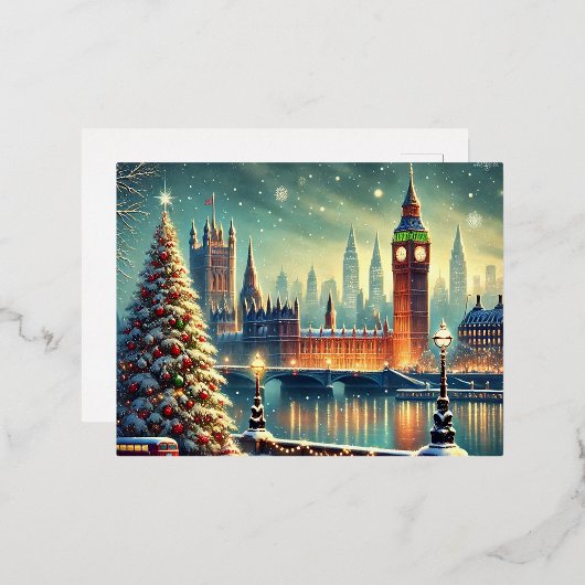 スノーイビッグベン&フェスティバルロンドンスカイライン 箔シーズンポストカード (正面/裏面)