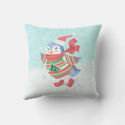 スノーイブルーアイススケートで滑るペンギン装飾用クッション クッション (裏面)