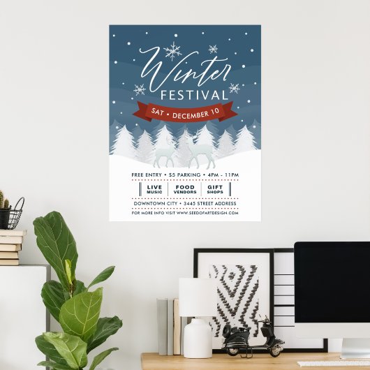 スノーイブルーウィンターフェスティバルツリーズ&ディアーイベント ポスター (ホームオフィス)