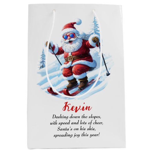 スノーイモダンスキーサンタ赤と白クリスマス ミディアムペーパーバッグ (正面)