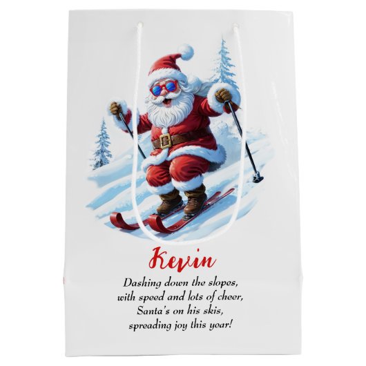 スノーイモダンスキーサンタ赤と白クリスマス ミディアムペーパーバッグ (裏面)