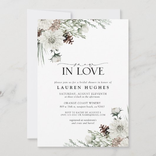 スノーインラブウィンターエバーグリーンブライダルシャワー 招待状 (正面)