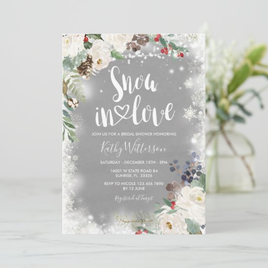 スノーインラブウィンターホワイトフローラブライダルシャワー 招待状 (スタンド正面)