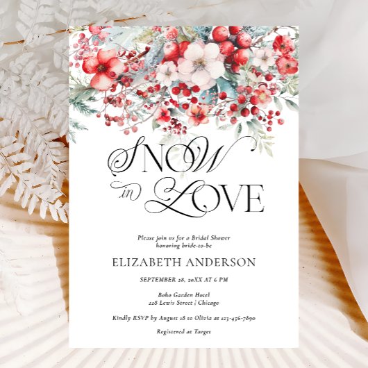 スノーインラブウィンターレッドフローラブライダルシャワー 招待状