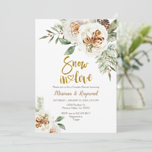 スノーインラブクリーミーな白いフローラカップルのシャワー 招待状 (スタンド正面)