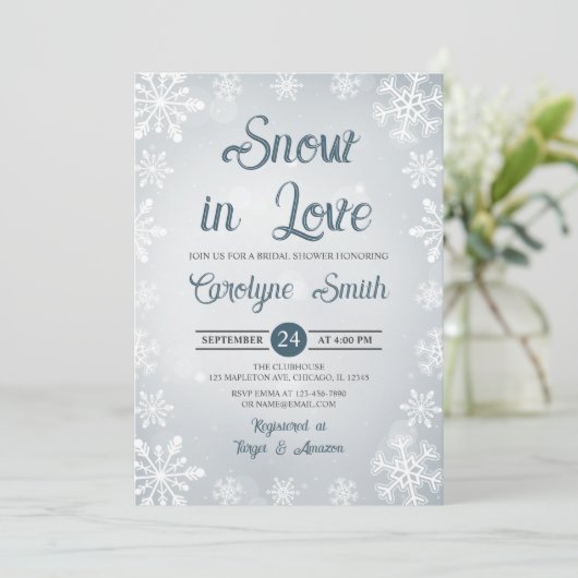 スノーインラブスノーフレークスウィンターブライダルシャワー 招待状 (スタンド正面)