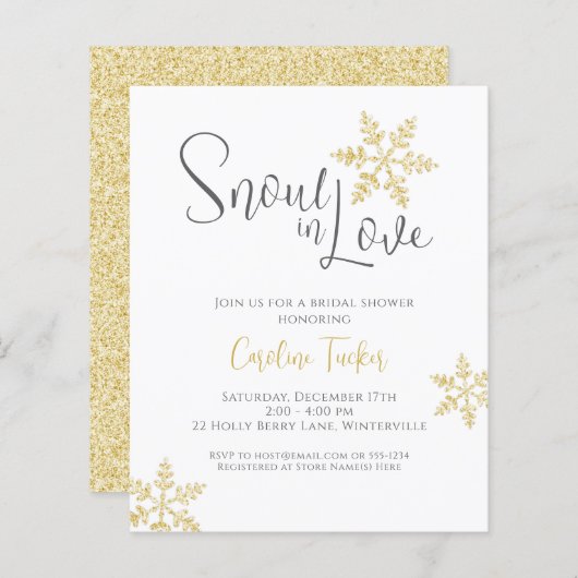 スノーインラブスノーフレーク金ゴールドブライダルシャワー招待状 (正面/裏面)