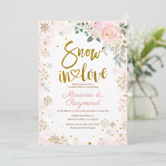 スノーインラブピンクスノーフレークフローラカップルのシャワー 招待状 (スタンド正面)